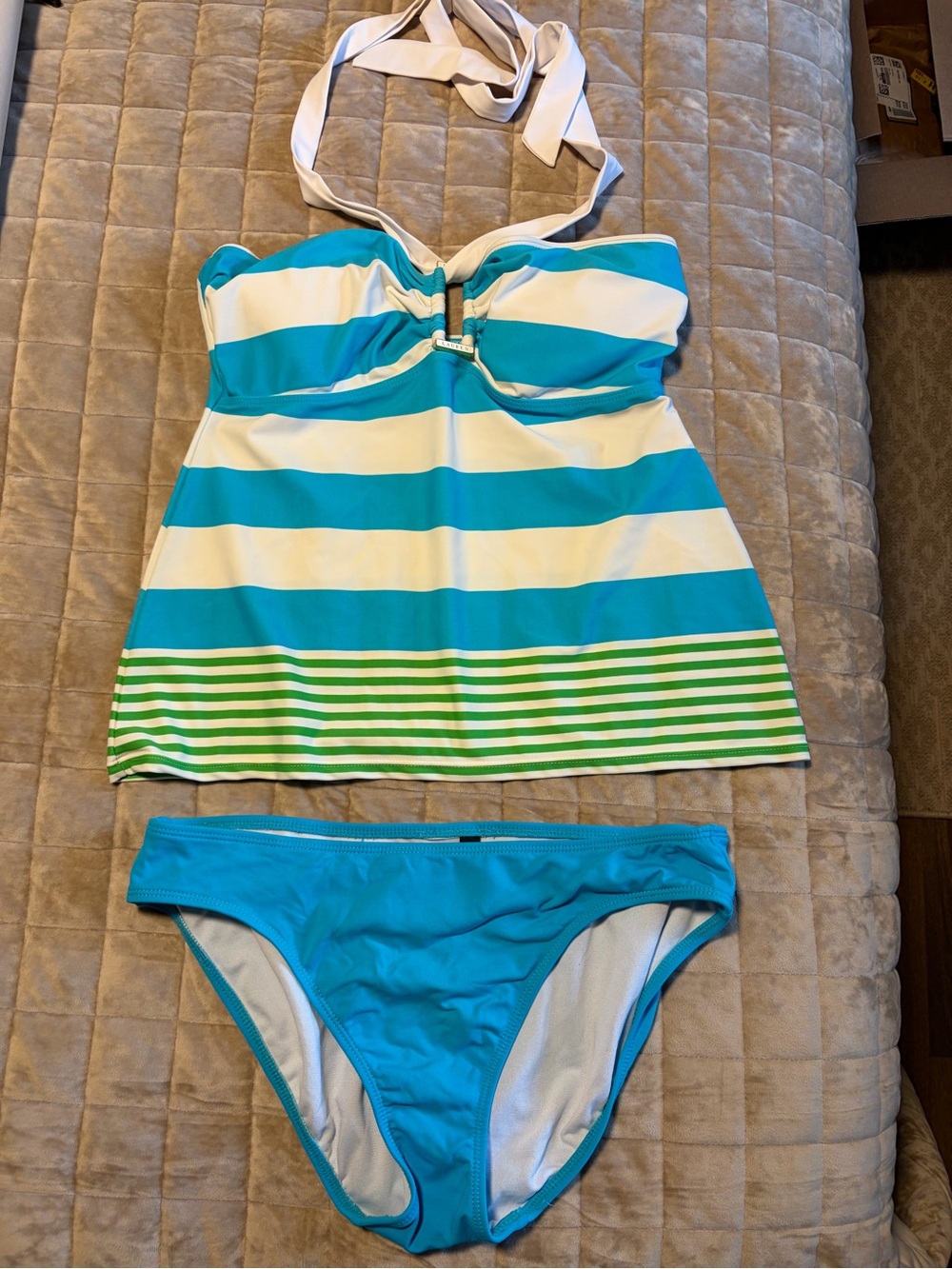 Lauren Ralph Lauren Aqua, White & Green Striped Tankini Set